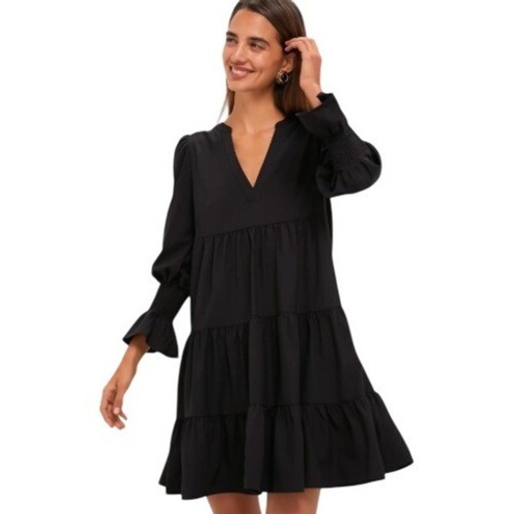 Pomander Place Crepe Kenzo Dress Womens XL Tiered Babydoll Black Smocked Cuff